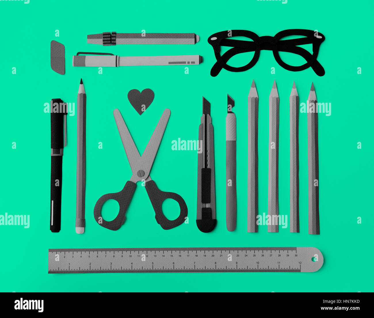 Pen Color Pencil Scissor Eraser Ruler Eyeglasses Concept Stock Photo