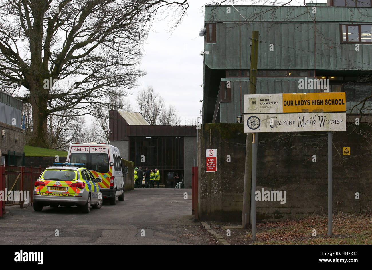 Police at Our Lady's High School in Cumbernauld, Lanarkshire, close to where a school bus overturned. Stock Photo