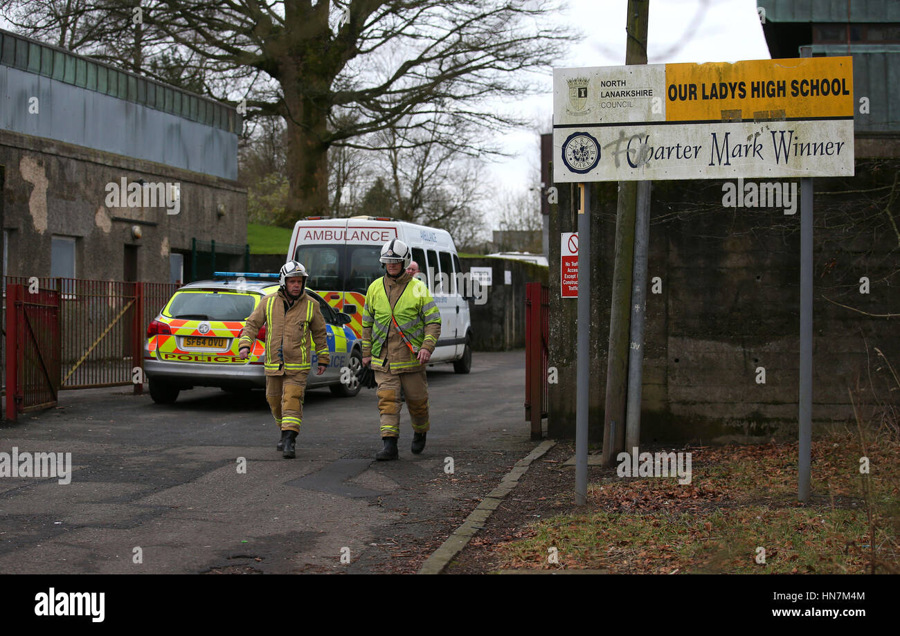 Emergency services at Our Lady's High School in Cumbernauld, Lanarkshire, close to where a school bus overturned. Stock Photo