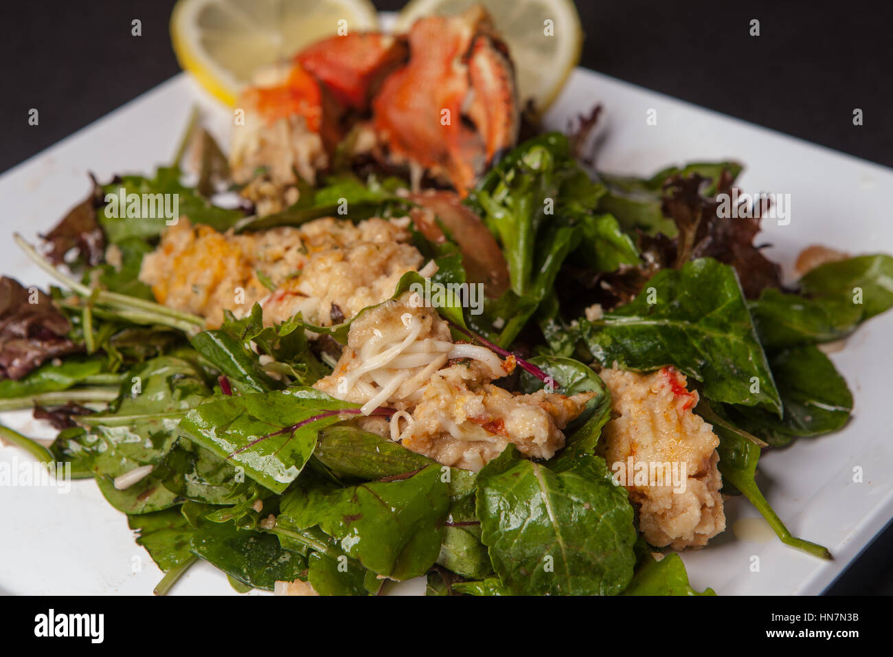 Crab Salad on a bed of spring mix greens with olive oil Stock Photo