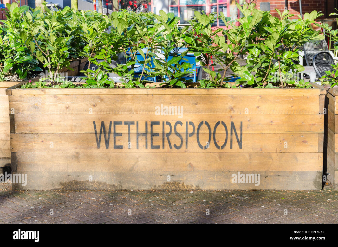 Large plant pot outside pub with Wetherspoon stencilled on it Stock Photo