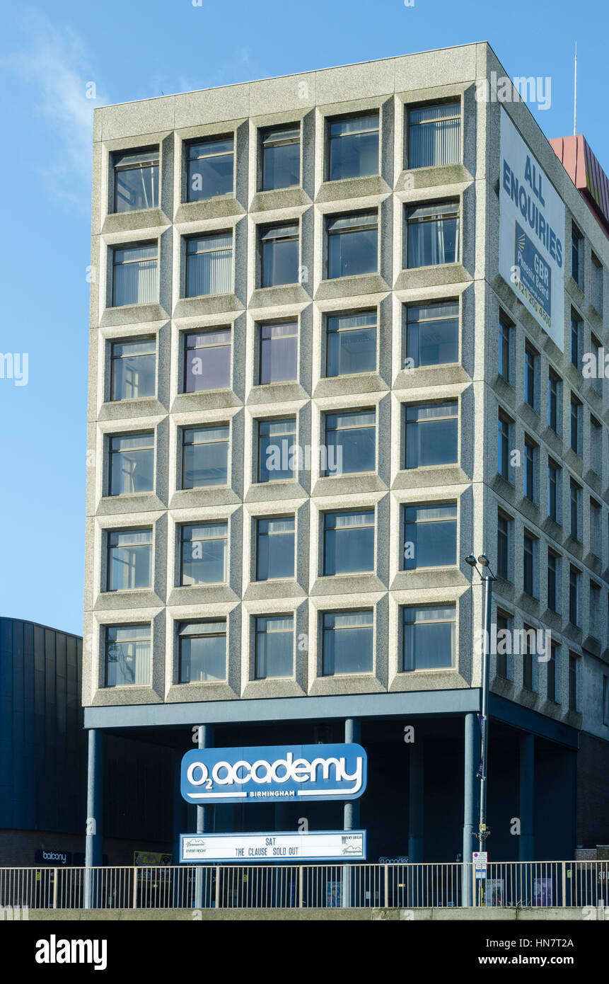 Entrance to the O2 Academy in Birmingham under an empty office building Stock Photo