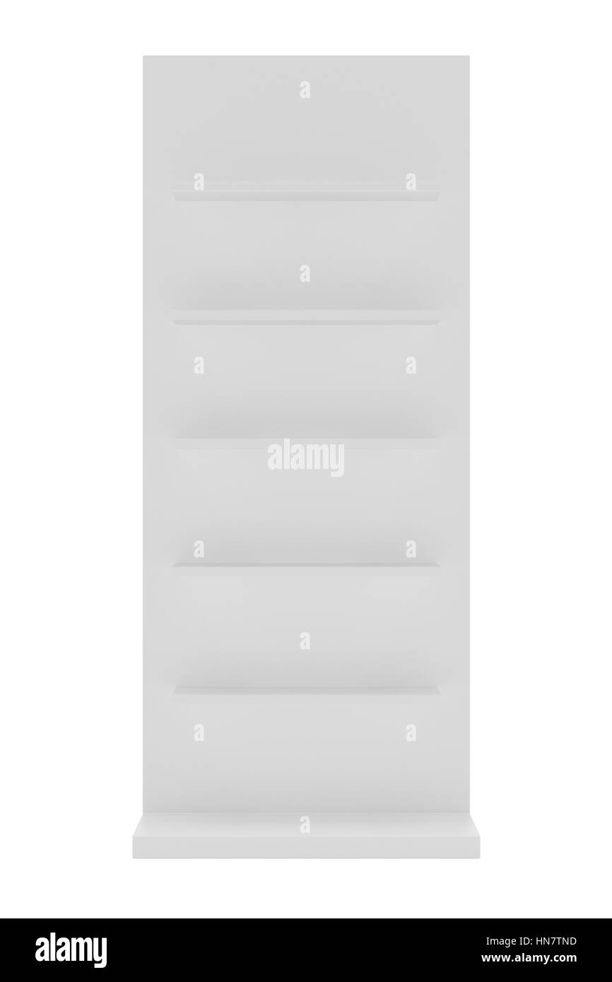 White blank empty showcase displays with retail shelves front view 3D rendering Stock Photo