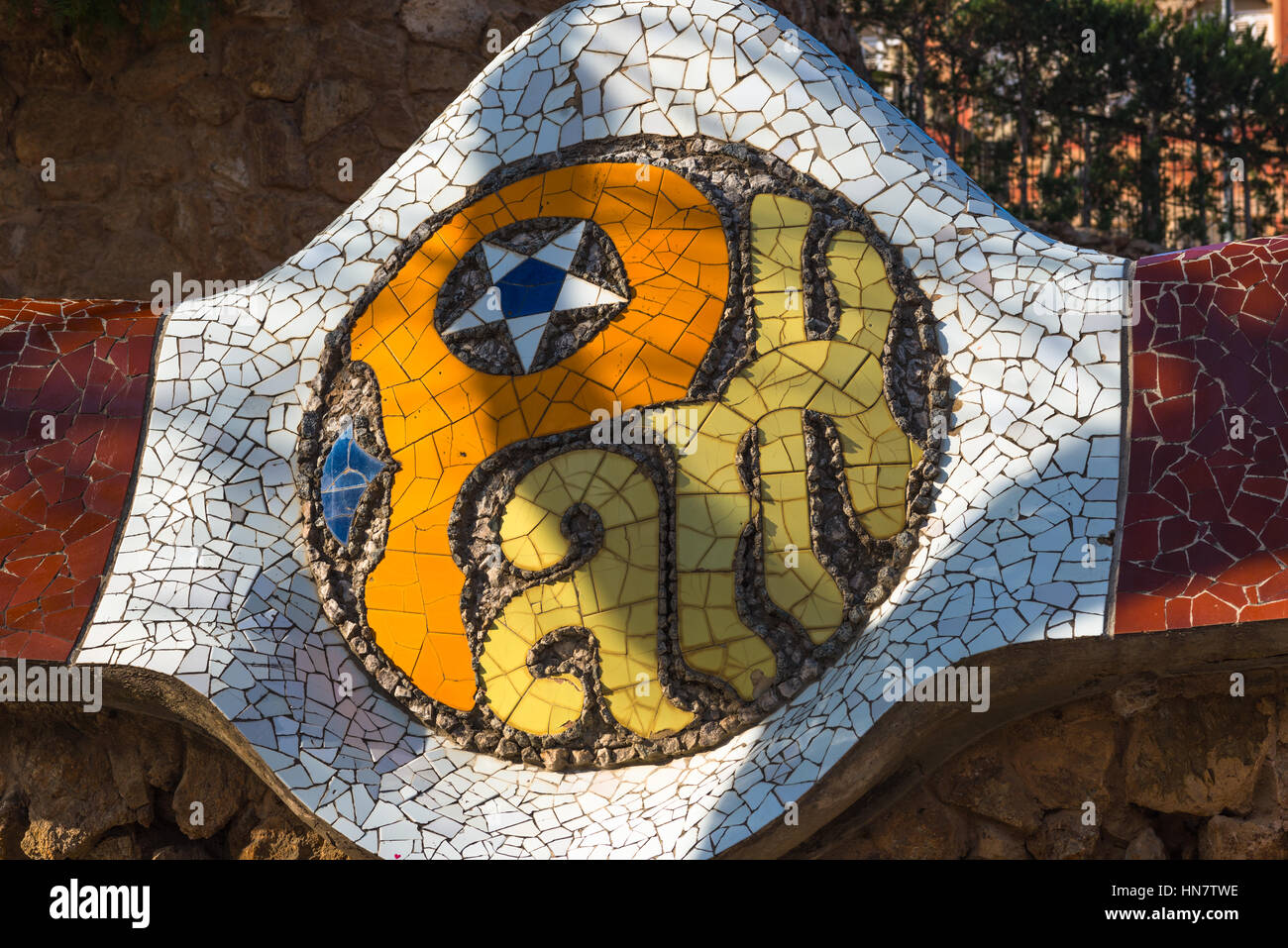 Mosaic tiled sign for Park Guell, Barcelona, Spain. Stock Photo