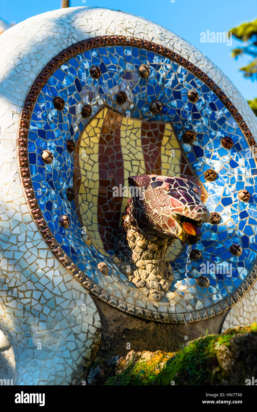 Dog fountain at Park Guell, Barcelona. Stock Photo