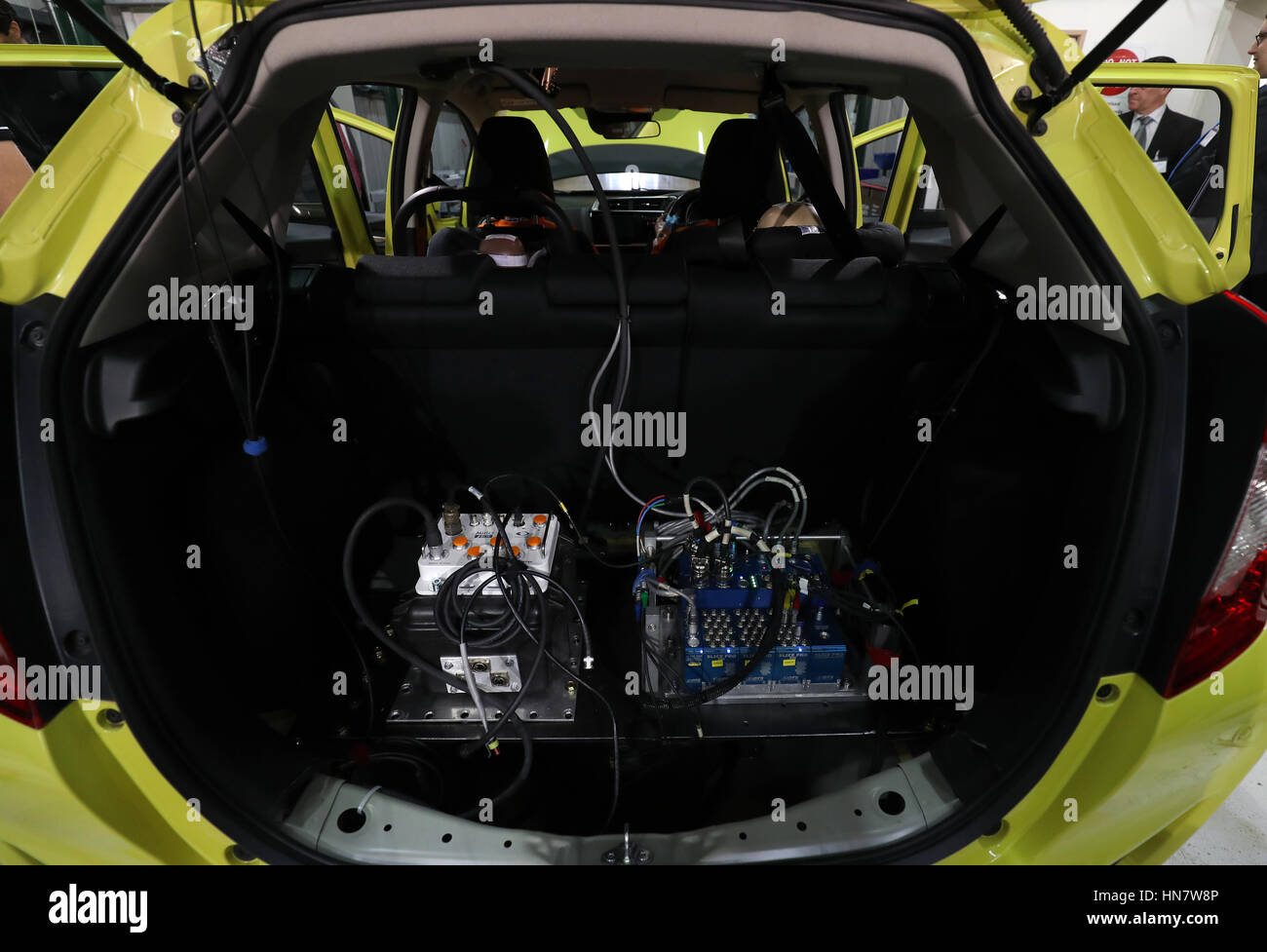 Electrics and telemetry wires in the boot of a Honda Jazz before a Euro NCAP test inside the crash test facility at Thatcham Research in Berskshire Stock Photo
