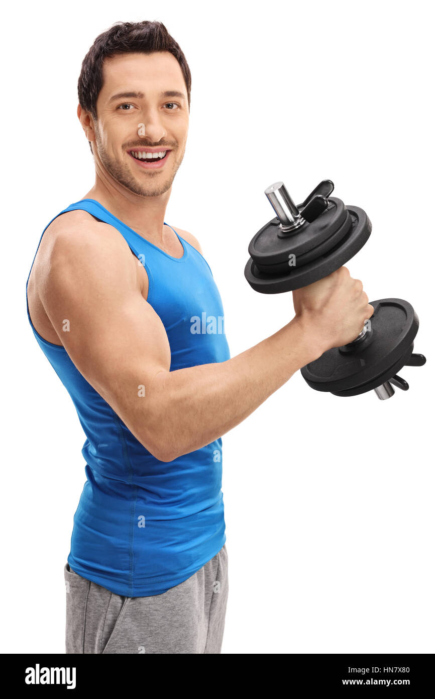 Athletic guy working out with a dumbbell isolated on white