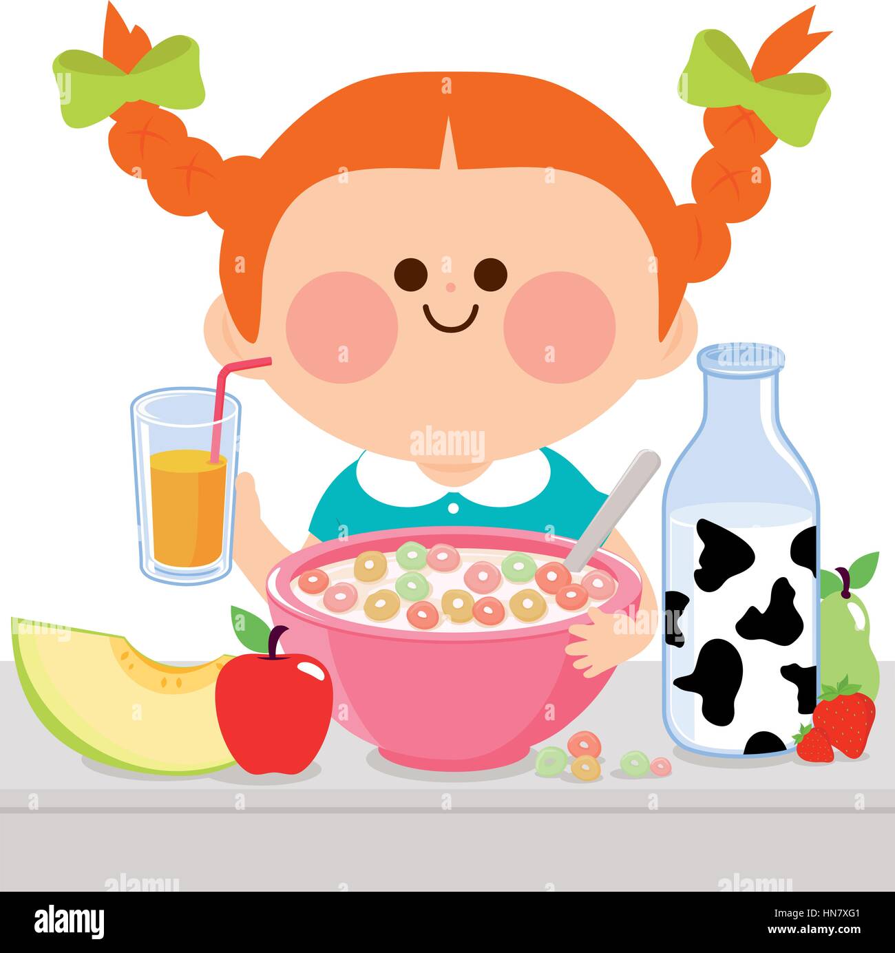 Little girl having breakfast with milk, cereal and fruits. Child eating at  home in the kitchen. Vector illustration Stock Vector Image \u0026 Art - Alamy, image size:1300x1384