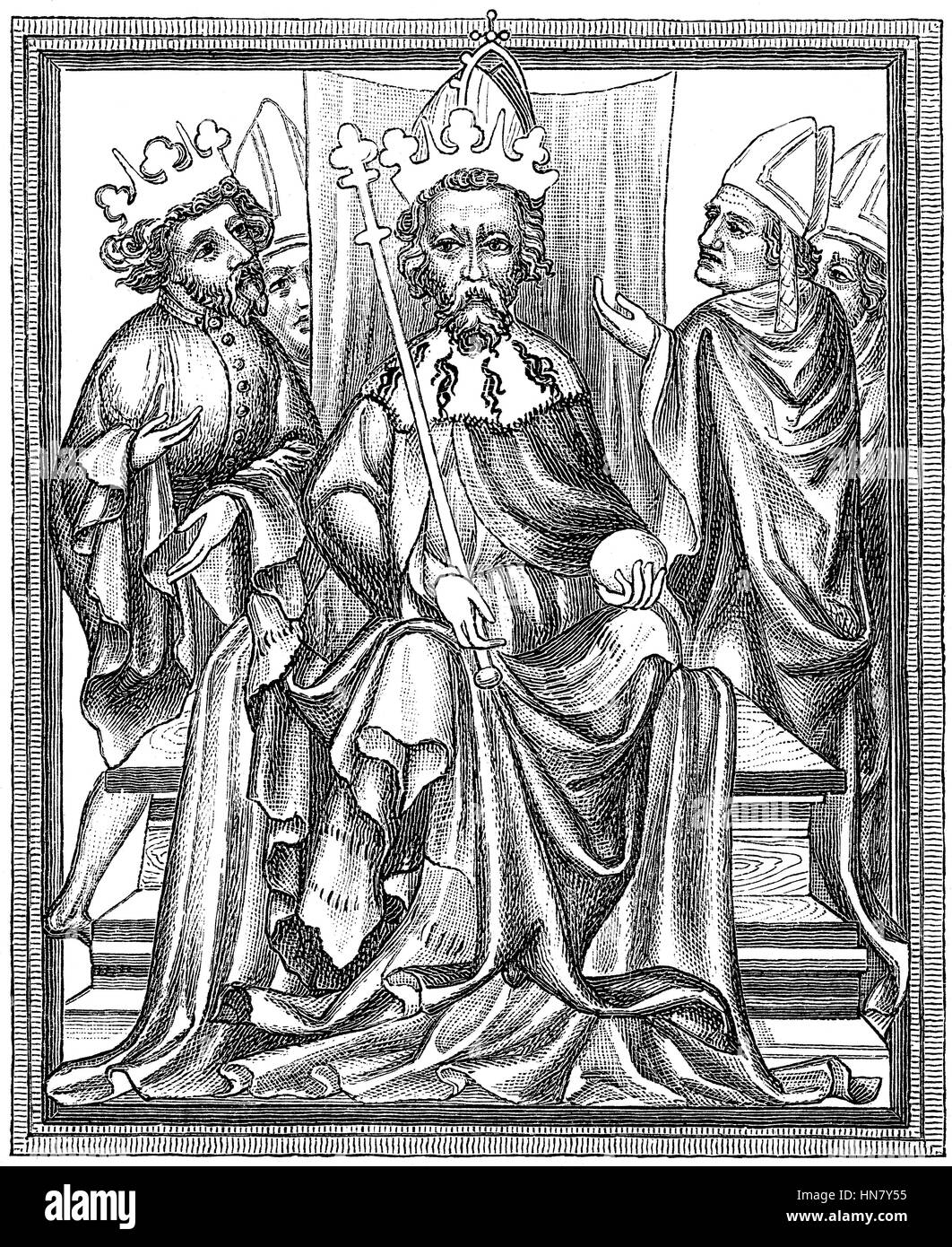 Golden Bull, Charles IV, born Wenceslaus, 1316-1378, King of Bohemia, Holy Roman Emperor, with his son Wenzel, der Faule Stock Photo
