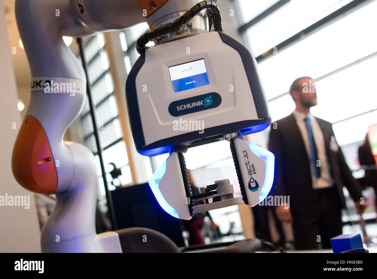 Hanover, Germany. 09th Feb, 2017. A gripper mounted onto a robort arm for  safe human-robot collaboration from the company Schunk can be seen during a  press conference on the Hannover Messe in