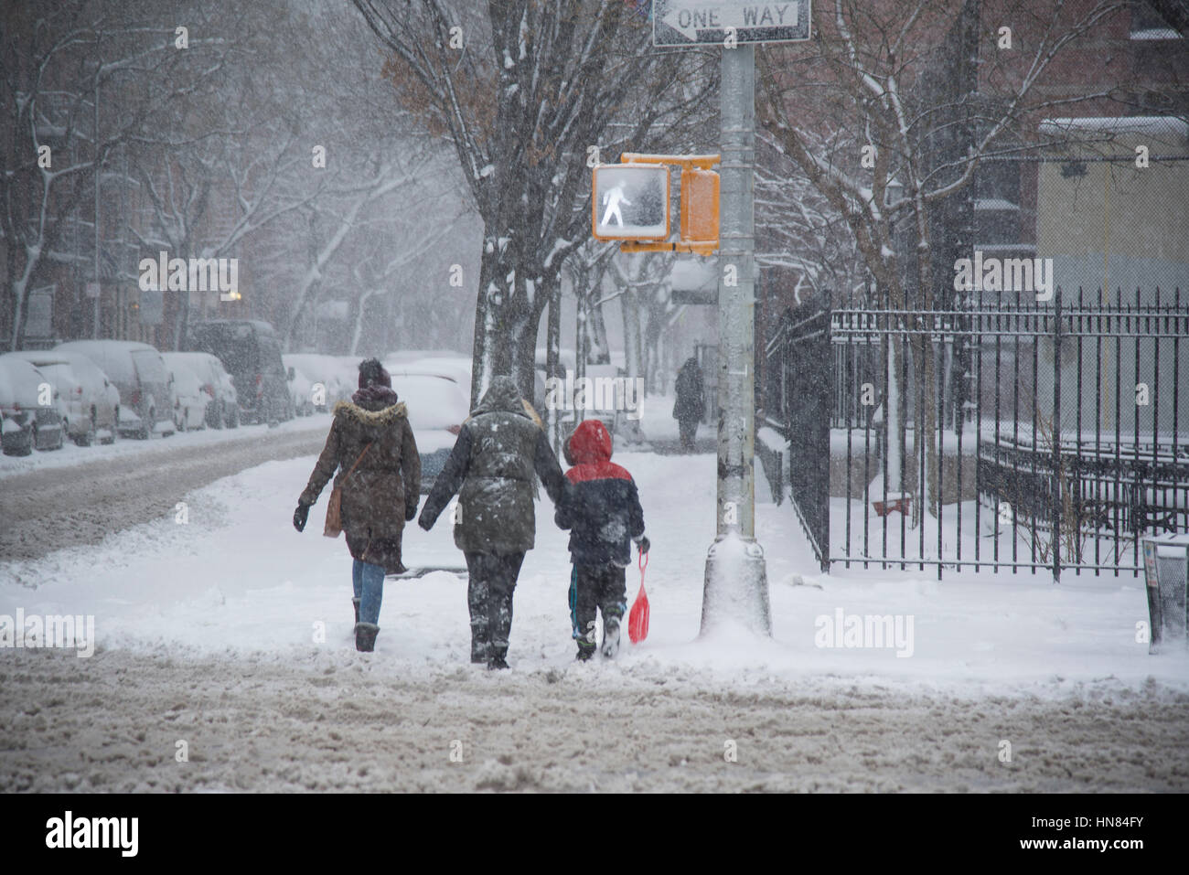 New York, USA. 9th February, 2017. Crossing with child and sled during NYC snow storm Credit: BuzzB/Alamy Live News Stock Photo