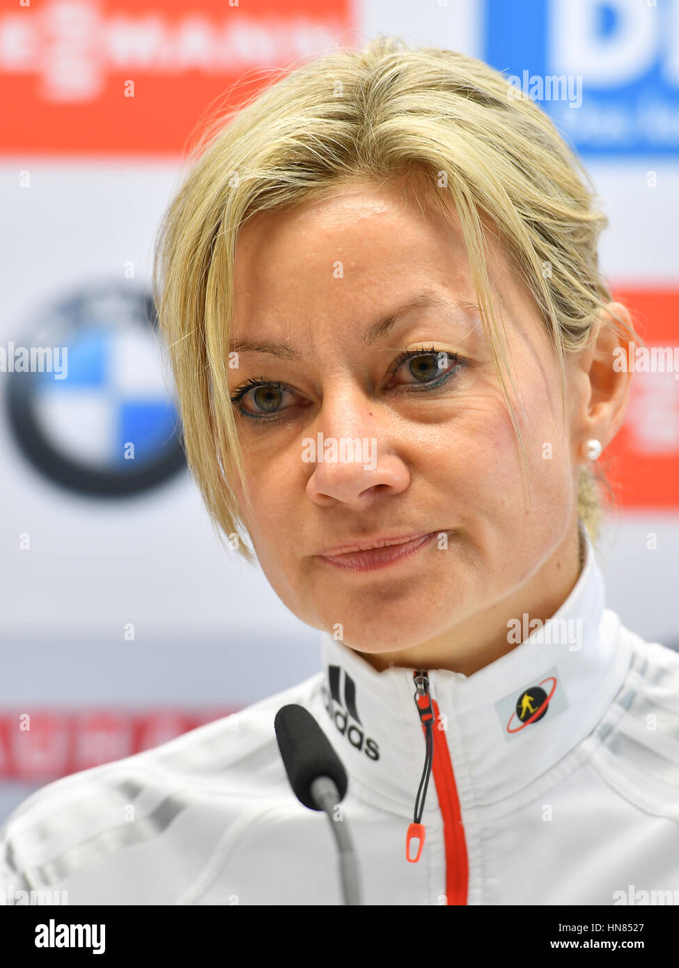 Hochfilzen, Germany. 09th Feb, 2017. The general secretary of the IBU (International Biathlon Union), Nicole Resch, at a press conference held during the 2017 Biathlon World Championships in Hochfilzen, Germany, 09 February 2017. Photo: Martin Schutt/dpa-Zentralbild/dpa/Alamy Live News Stock Photo