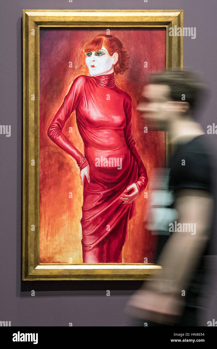 Duesseldorf, Germany. 09th Feb, 2017. A visitor looks at an artwork entitled 'Bildnis der Taenzerin Anita Berber' (lit. Portrait of dancer Anita Berber) by artist Otto Dix from 1925, in Duesseldorf, Germany, 09 February 2017. The artist's formative years in the lively art scene of the region are the focal point of a large-scale exhibition entitled 'Otto Dix. The Evil Eye, ' which will run from 11 February until 14 May 2017 at the North Rhine-Westphalian Art Collection. Photo: Federico Gambarini/dpa/Alamy Live News Stock Photo