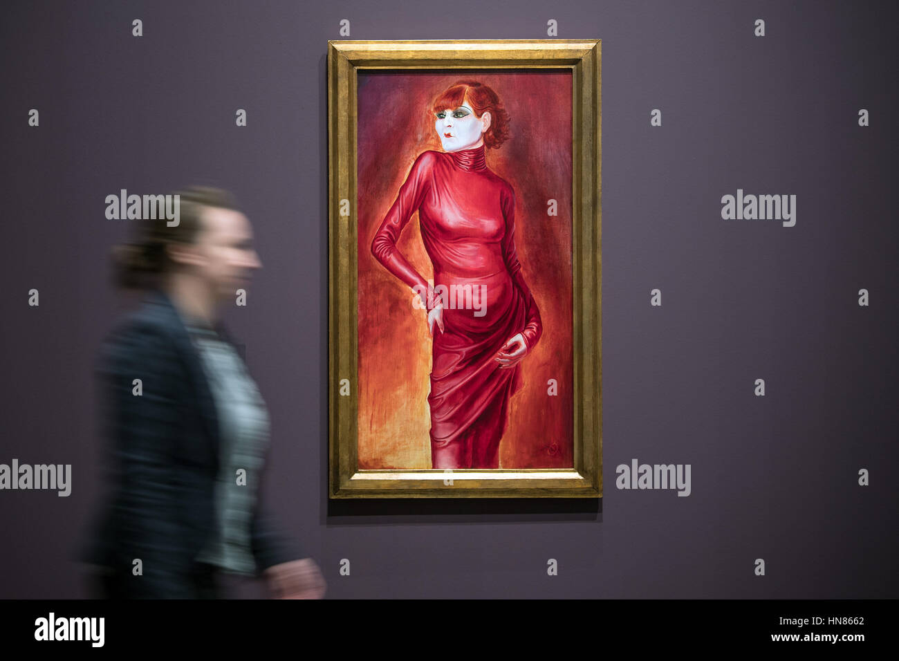 Duesseldorf, Germany. 09th Feb, 2017. A visitor walks past an artwork entitled 'Bildnis der Taenzerin Anita Berber' (lit. Portrait of dancer Anita Berber) by artist Otto Dix from 1925, in Duesseldorf, Germany, 09 February 2017. The artist's formative years in the lively art scene of the region are the focal point of a large-scale exhibition entitled 'Otto Dix. The Evil Eye, ' which will run from 11 February until 14 May 2017 at the North Rhine-Westphalian Art Collection. Photo: Federico Gambarini/dpa/Alamy Live News Stock Photo