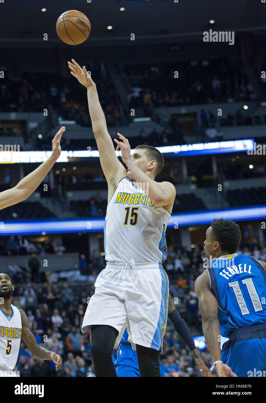 Denver, Colorado, USA. 6th Feb, 2017. Nuggets NIKOLA JOKIC, center, shoots for 2 in traffic during the 1st. Half at the Pepsi Center Monday night. The Nuggets beat the Mavericks 110-87. Credit: Hector Acevedo/ZUMA Wire/Alamy Live News Stock Photo