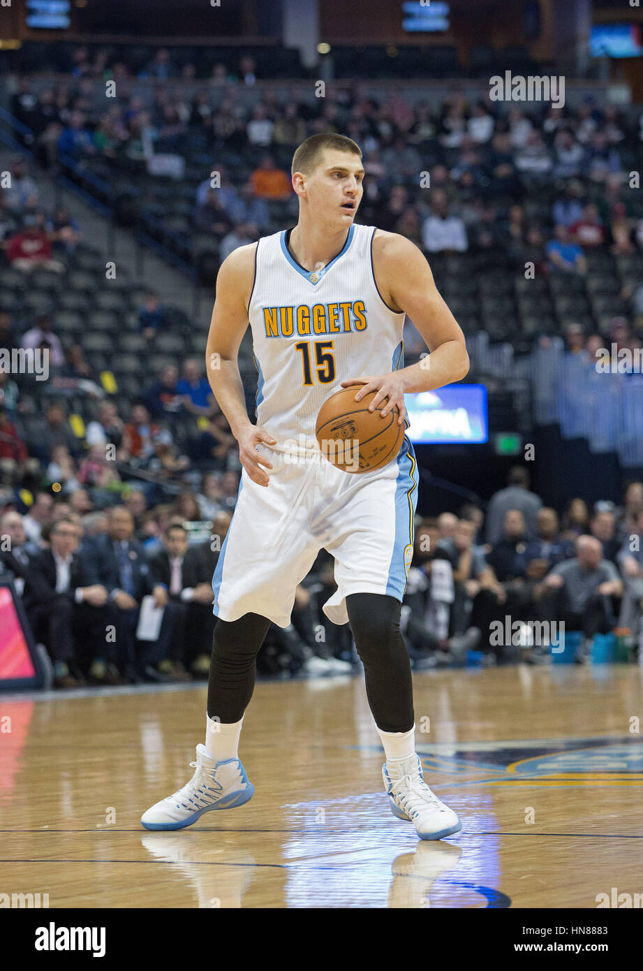 Denver, Colorado, USA. 6th Feb, 2017. Nuggets NIKOLA JOKIC handles the ball at the top of the 3 point line during the 1st. Half at the Pepsi Center Monday night. The Nuggets beat the Mavericks 110-87. Credit: Hector Acevedo/ZUMA Wire/Alamy Live News Stock Photo