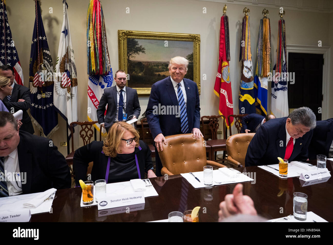Washington, DC, USA. 9th Feb, 2017. U.S. President Donald J. Trump prepares to speak to Democratic and Republican Senators about his Supreme Court nominee Neil Gorsuch in the Roosevelt Room of the White House in Washington, DC, USA, 09 February 2017. On 0 Stock Photo