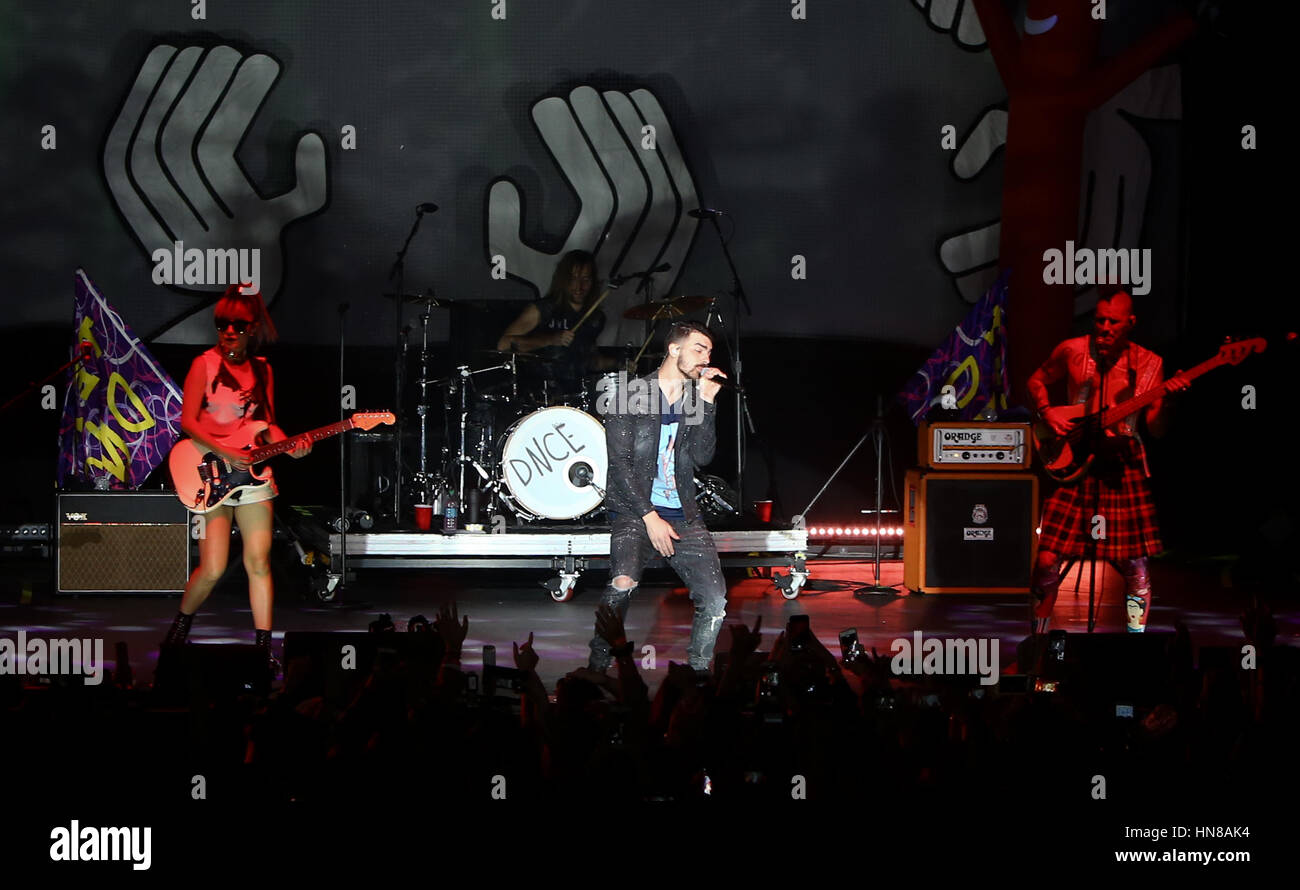 Huntington, USA. 08th Feb, 2017. (L-R) Jinjoo Lee, Jack Lawless, Joe Jonas and Cole Whittle of DNCE perform onstage at the Paramount on February 8, 2017 in Huntington, New York. Credit: Debby Wong/Alamy Live News Stock Photo