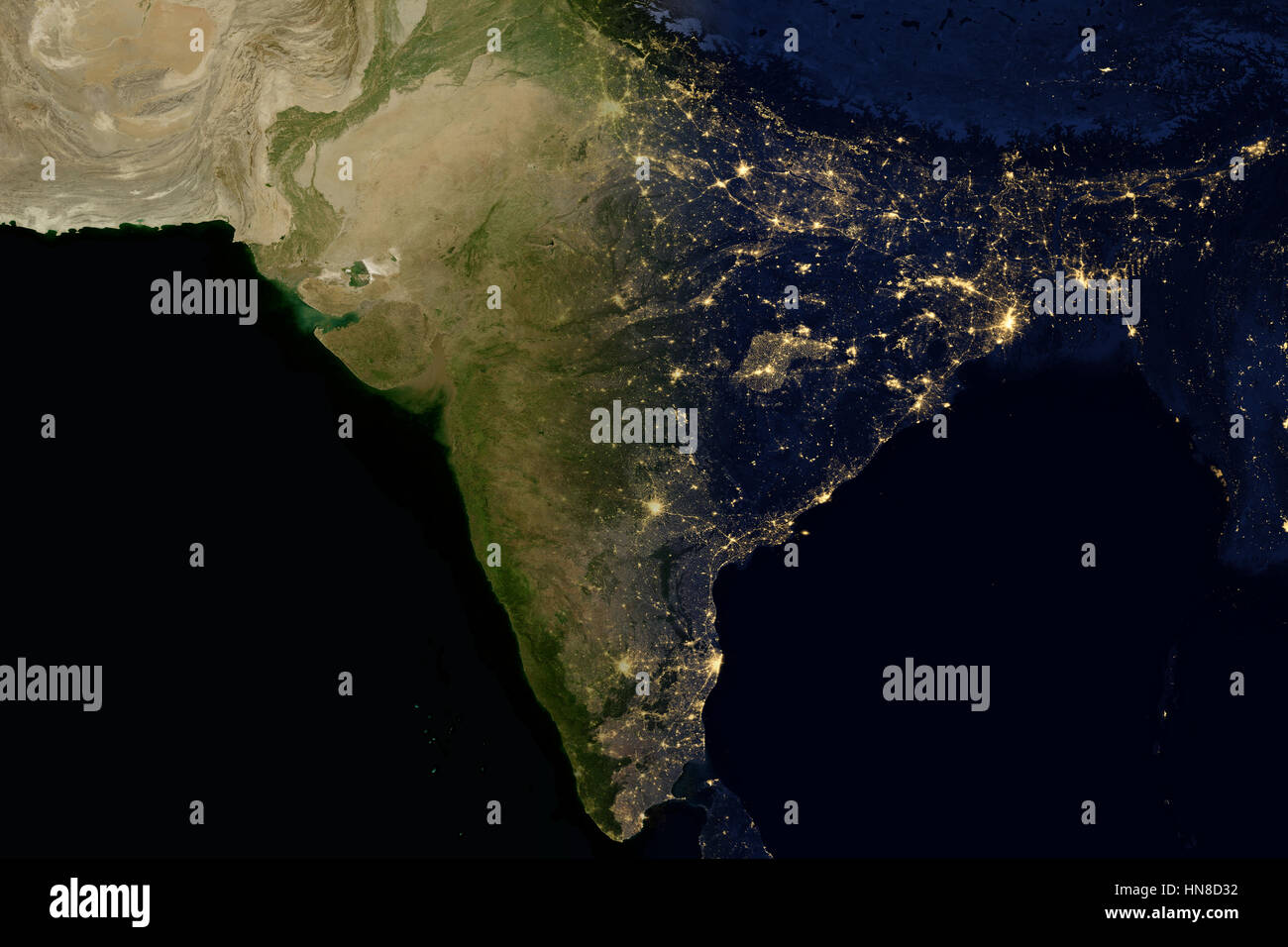 City lights on world map. India. Stock Photo