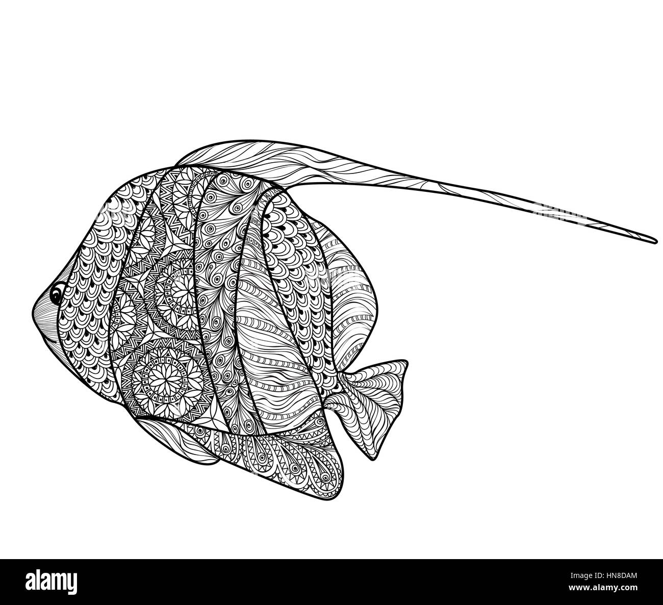 Fish tattoo isolated with ornamental hand drawn pattern. Doodle vector illustration of sea and ocean life collection.  Marine life set. Stock Vector