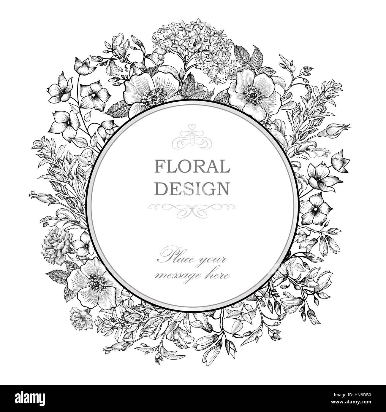 Floral frame with summer flowers. Floral bouquet with rose, narcissus, carnation, lilac and wildflower. Vintage Greeting Card with flowers. Flourish b Stock Vector
