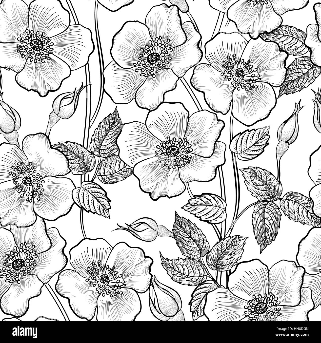 Floral seamless outline sketch pattern. Flower background. Floral tile spring texture with flowers Ornamental flourish garden cover for card design Stock Vector