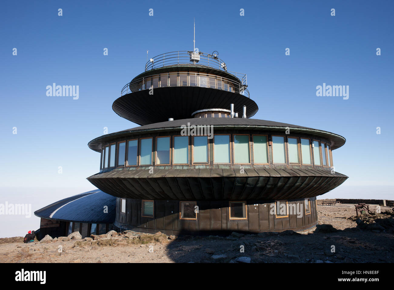 Shelter and meteorological observatory on Sniezka Mountain peak, Karkonosze (Krkonose) Mountains, Poland, Europe Stock Photo