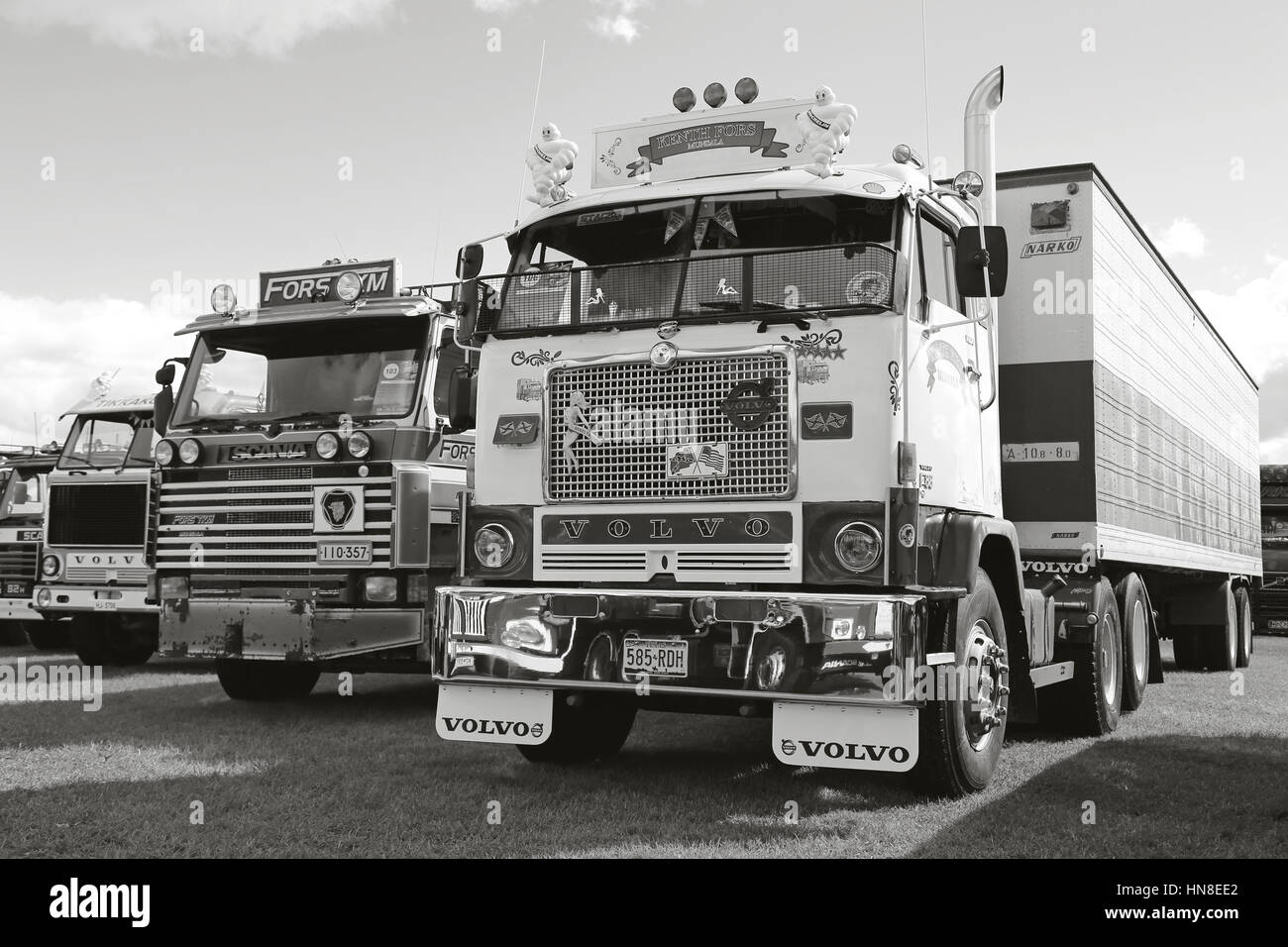 ALAHARMA, FINLAND - AUGUST 12, 2016: Classic Volvo F88 Kenth Fors from Munsala among more nostalgy show trucks on Power Truck Show 2016, Finland, in b Stock Photo