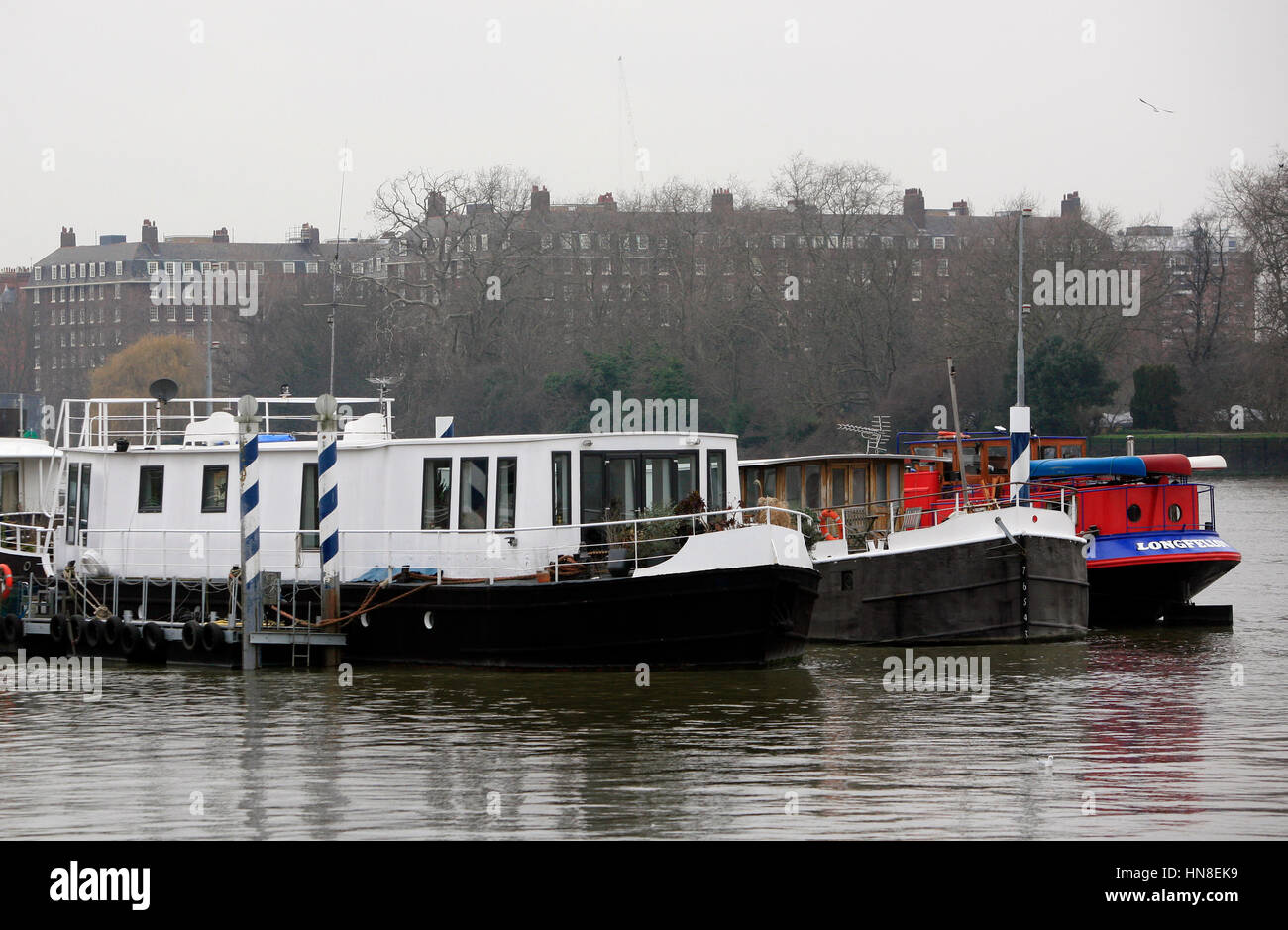 Houseboats are seen at the Riverside Quarter residential moorings in