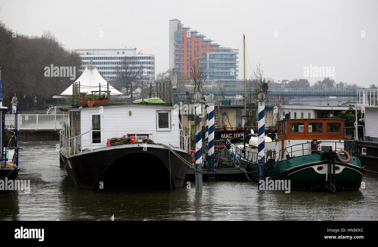 Houseboats are seen at the Riverside Quarter residential moorings in Wandsworth, on the Thames south west London, Britain February 9, 2017. ©John Voos Stock Photo