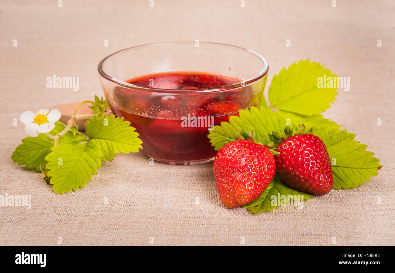 summer fresh red strawberry and jam on textile background Stock Photo ...