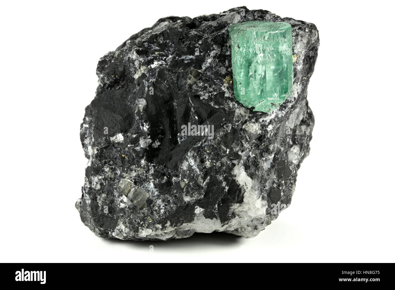 emerald nestled in bedrock found in Muzo/ Colombia Stock Photo