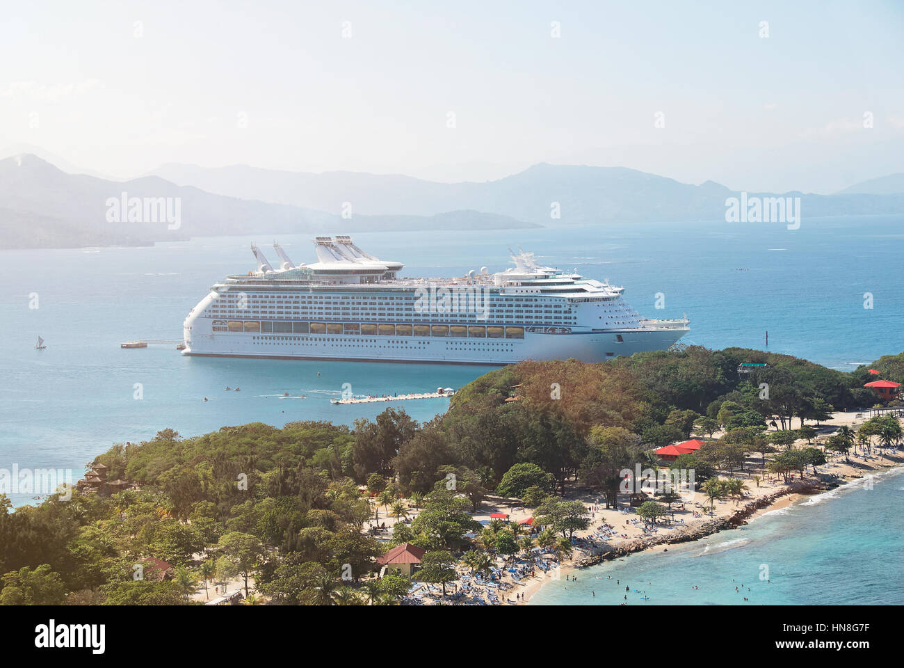 docked cruise ship in caribbean sea aerial view Stock Photo