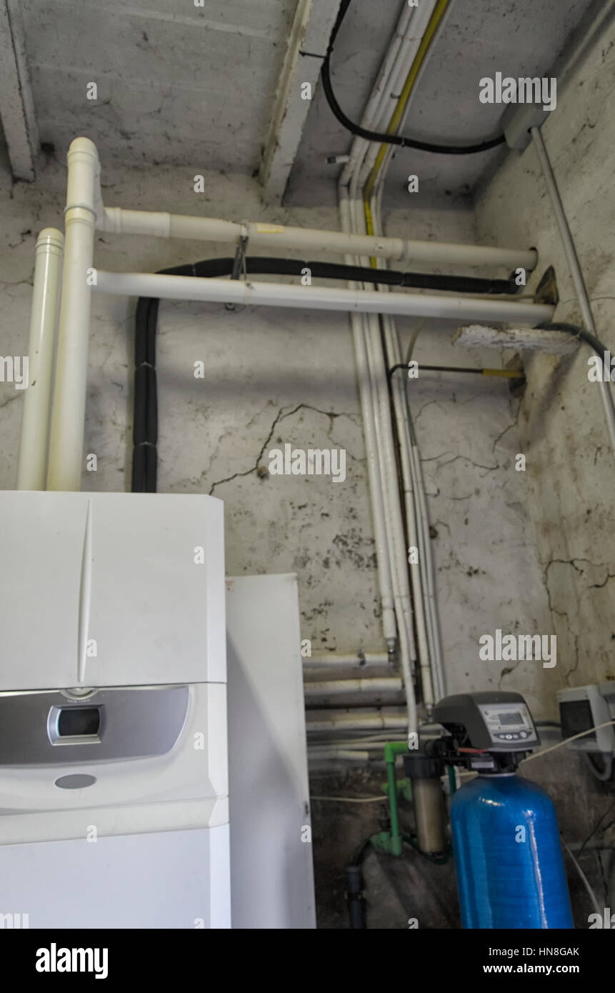 View of water softener and condensing boiler Stock Photo Alamy