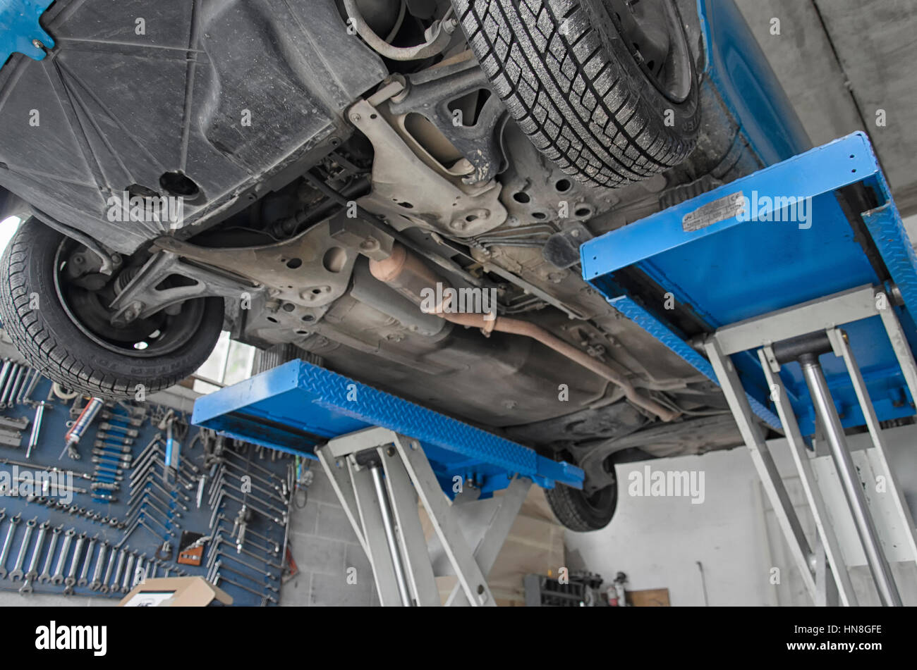 The chassis of a automobile viewed from below Stock Photo