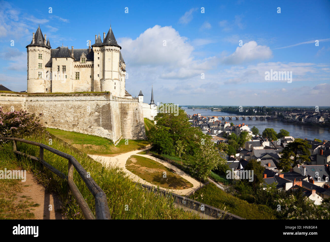 The castle at Saumur in the Loire valley, the city and the Loire river ...