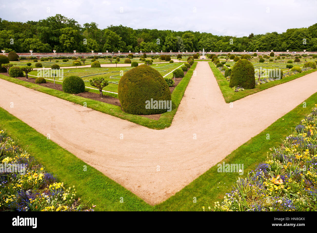Chenonceau, France - June 5, 2010: Panoramic view of Catherine de Medici's gardens at Loire Valley Château de Chenonceau Stock Photo