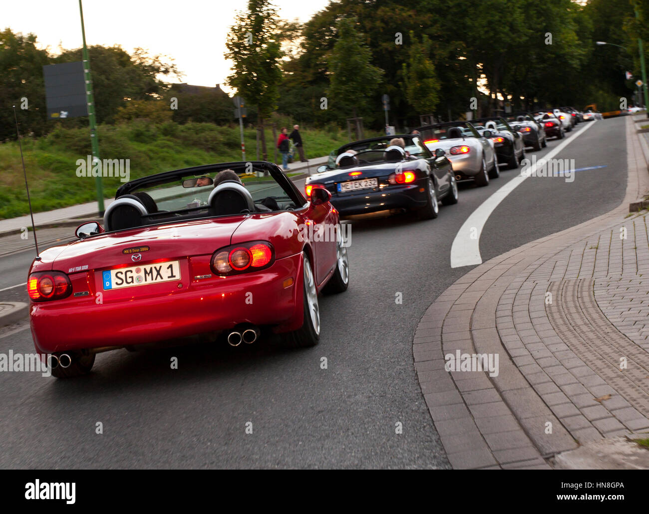 Essen, Germany - September 18, 2010: More than 400 cars gain a new Guinness world record for the longest Mazda MX-5 Miata corso ever in celebration of Stock Photo