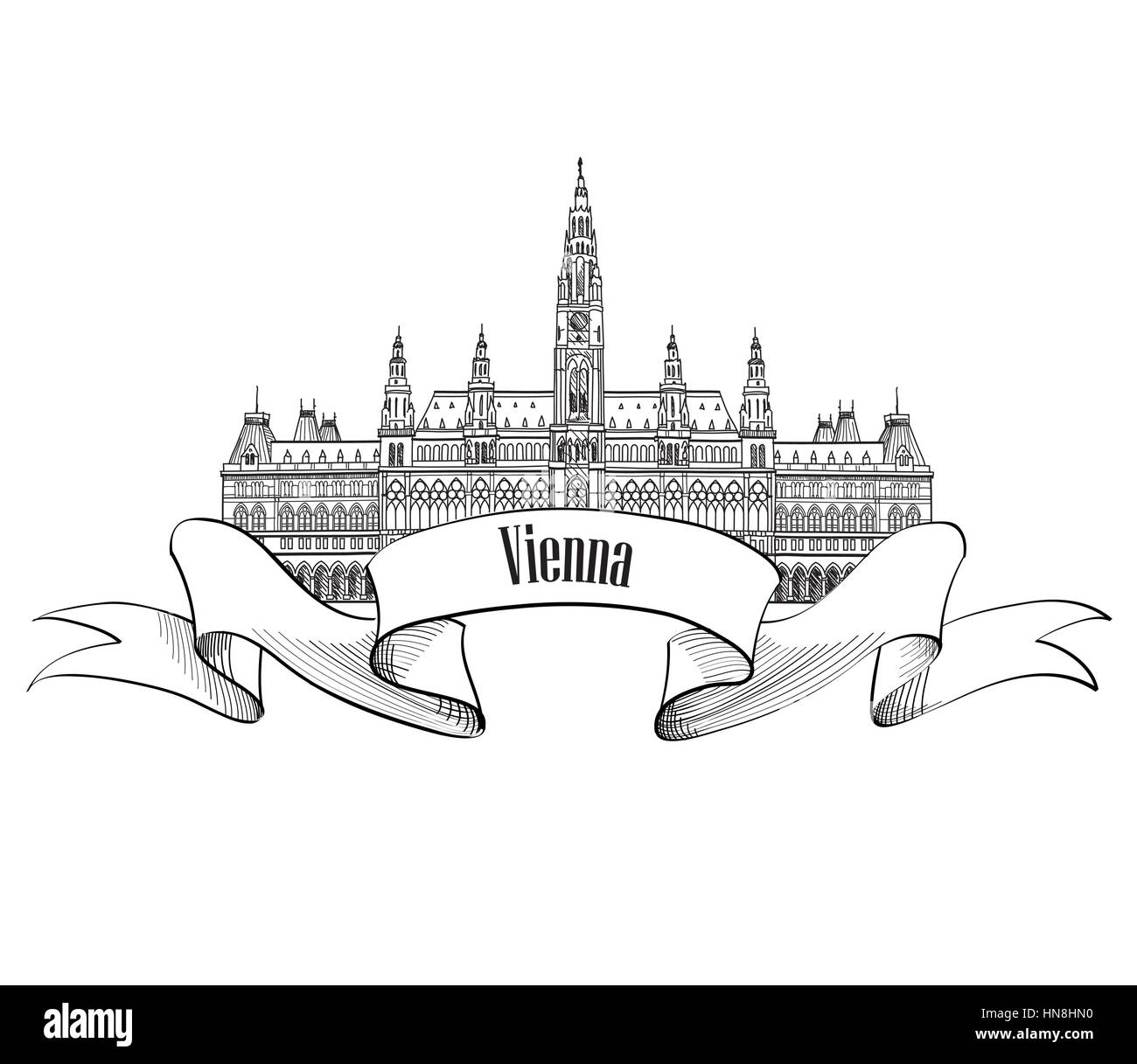 Austria visit card. Vienna city. Famous landmark Rathaus building isolated. Travel european capitals label set. Stock Vector