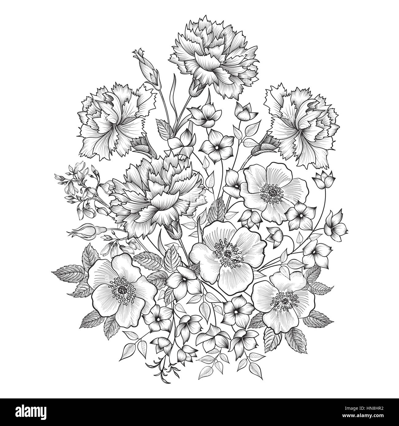 Flower bouquet. Floral frame. Flourish greeting card. Floral vintage cover. Flourish card with copy space. Stock Vector