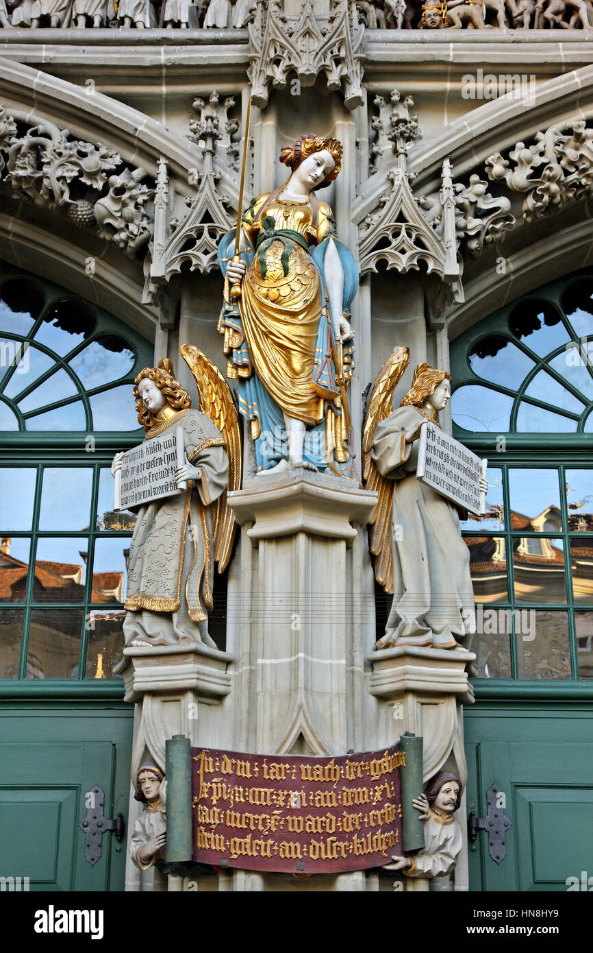 The Justice sculpture on the main portal of the Cathedal (Münster) in the Old Town of Bern, Switzerland Stock Photo