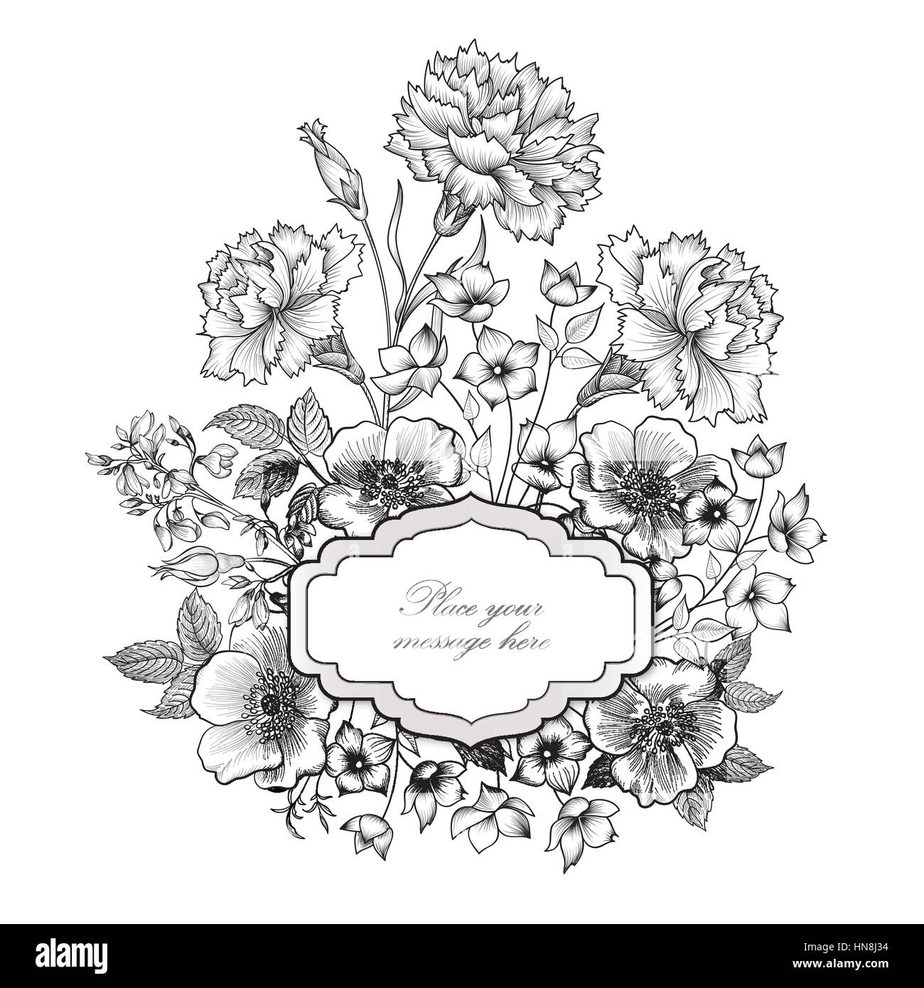 Floral frame background. Flower bouquet border. Floral vintage cover. Flourish card with copy space. Stock Vector