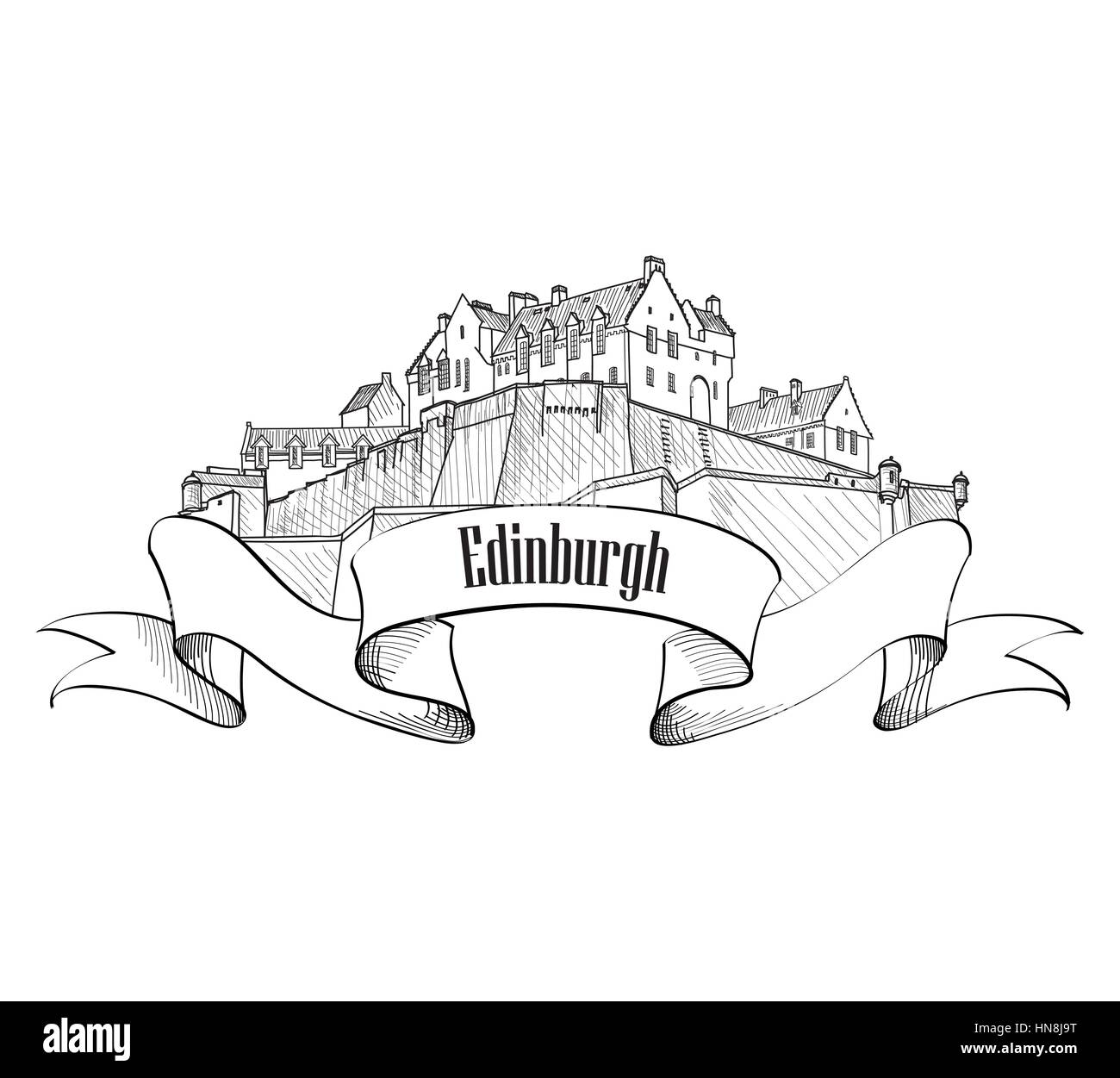 Edinburgh Castle in Scotland isolated. Vintage engraving sketch tarvel United Kingdom. UK label. Old engraved vector illustration of Edinburgh Castle. Stock Vector