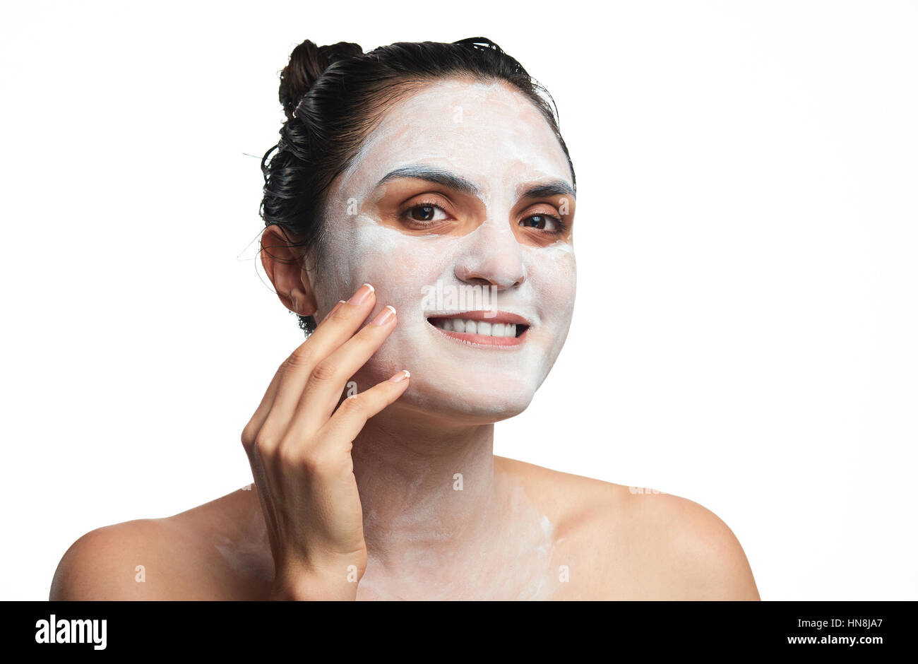 woman put cream on face isolated on white background Stock Photo Alamy