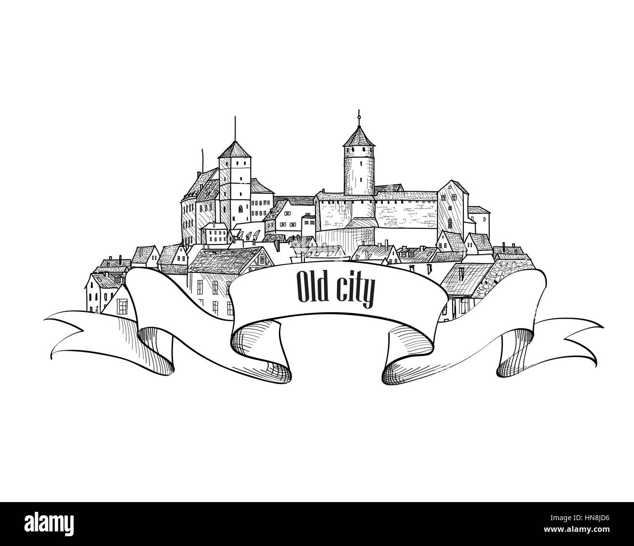Old city label isolated. Downtown view. Medieval european castle landscape. Pensil drawn vector sketch Stock Vector