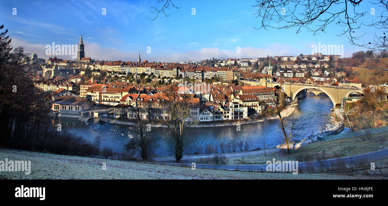 View of the Old Town ('Altstadt') of Bern, from the other side of Aare river, Switzerland Stock Photo