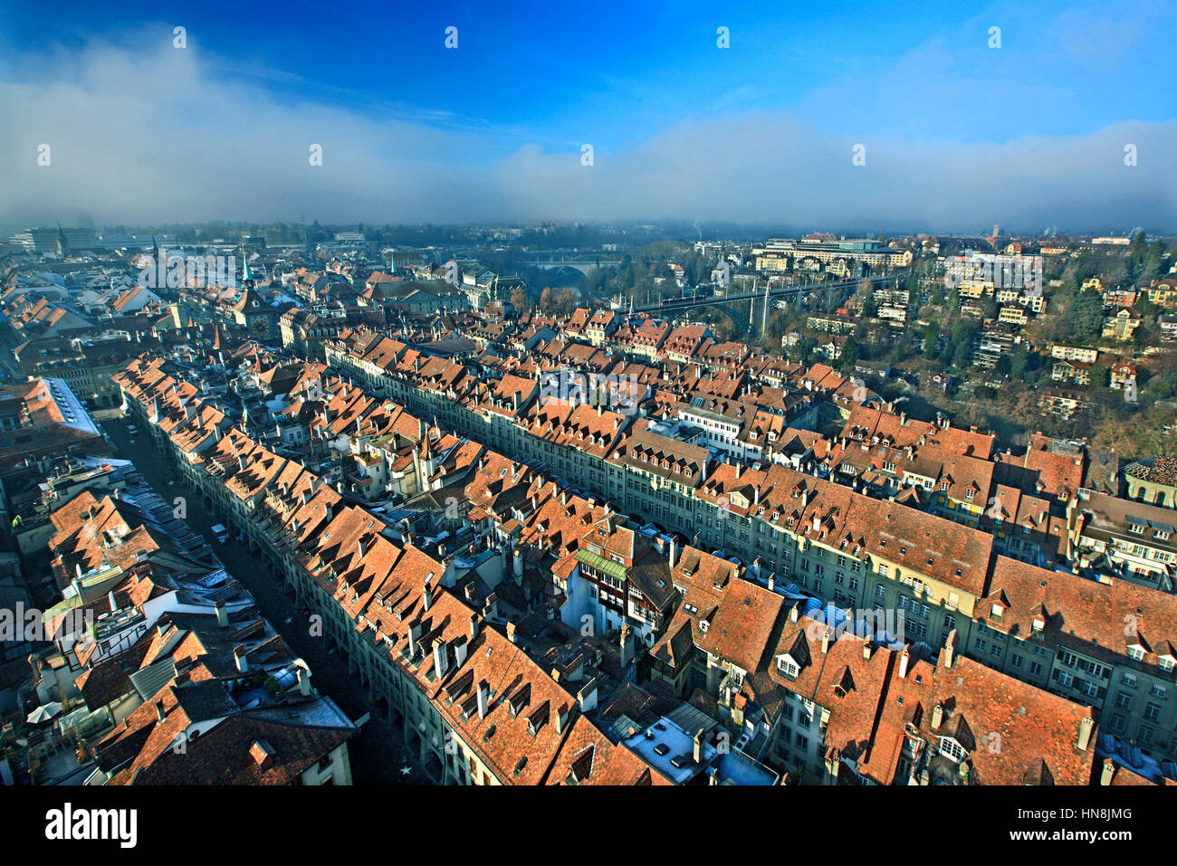 View of the rooftops of the Old Town (Altstadt) of Bern from the bell tower of the Münster (Cathedral). Switzerland. Stock Photo