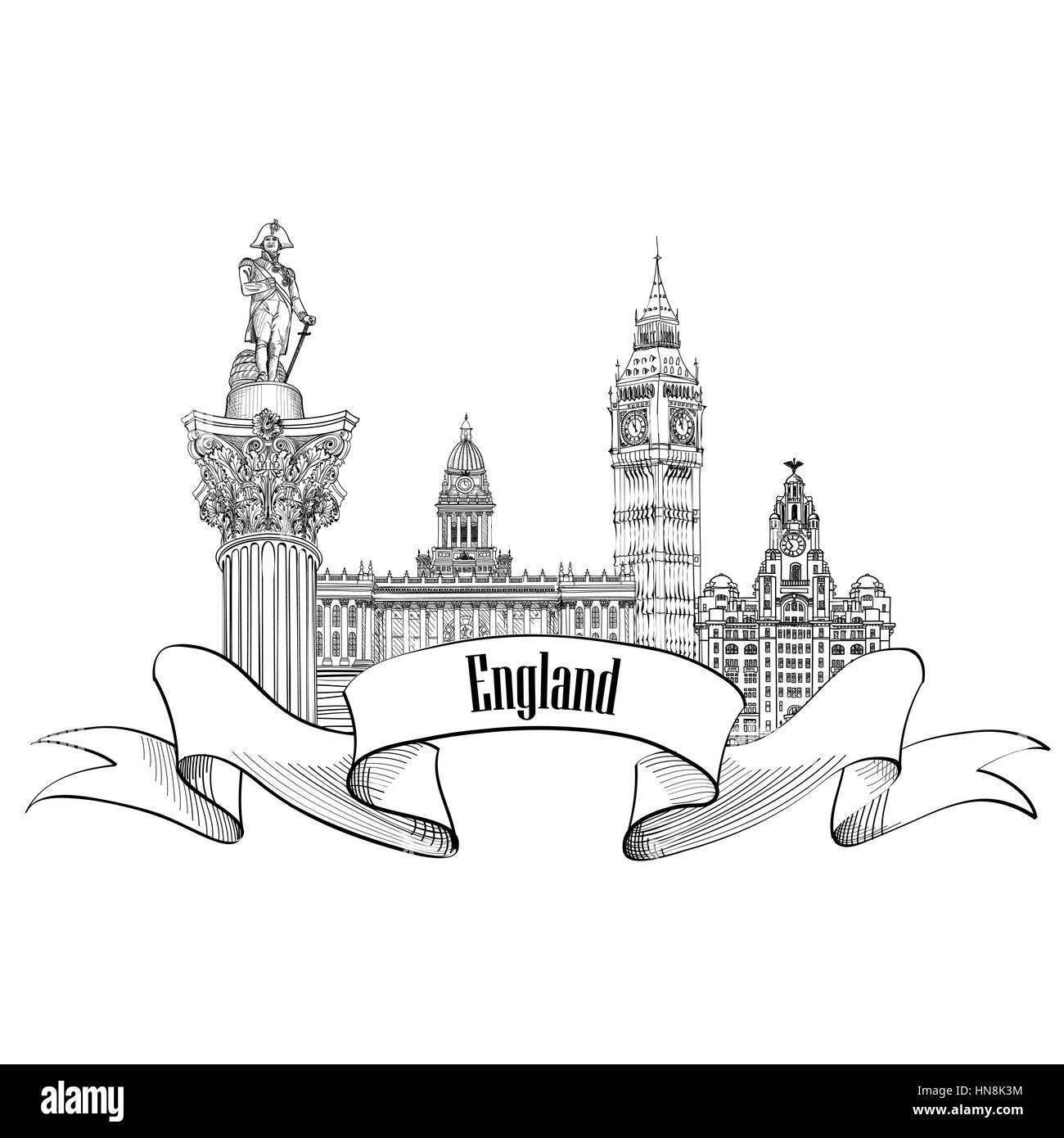 England label. Famous english architectural landmarks symbol. Visit UK. Travel Europe  banner. Stock Vector