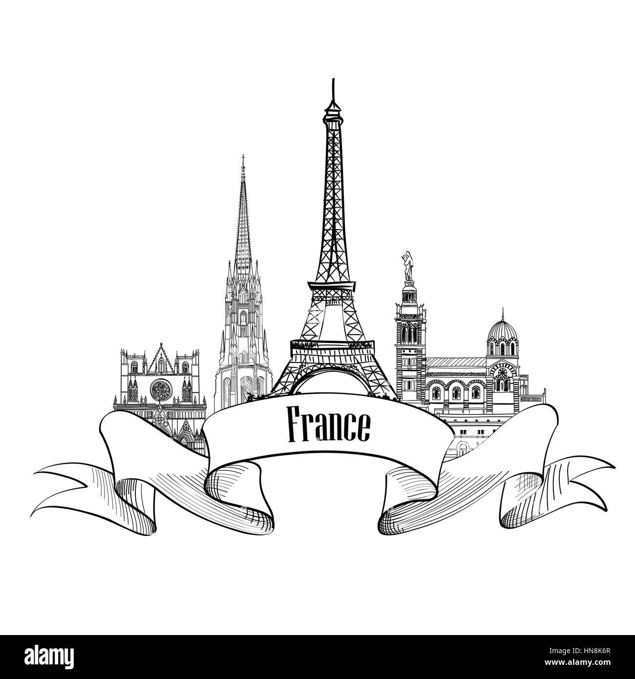 France label. Famous french architectural landmarks. Visit France banner. Stock Vector