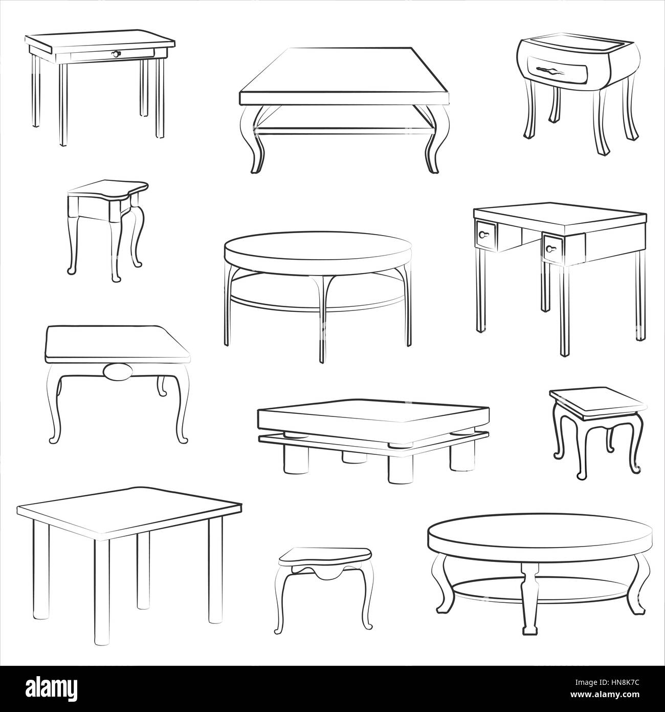 Furniture set. Interior detail outline collectionof different table and